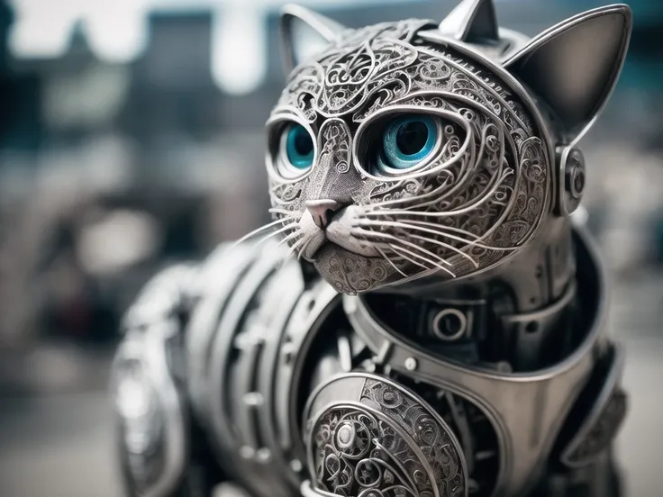 RAW photo, a cute metal cat, cyborg, cyberpunk style, ((intricate details)), hdr, ((intricate details, hyperdetailed)), cinematic shot, vignette, (high detailed skin:1.2), 8k uhd, dslr, high quality, film grain, Fujifilm XT3