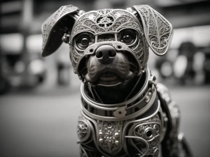 RAW photo,one cute metal dog , cyborg, cyberpunk style, ((intricate details)), hdr, ((intricate details, hyperdetailed)), cinematic shot, vignette, (high detailed skin:1.2), 8k uhd, dslr, high quality, film grain, Fujifilm XT3