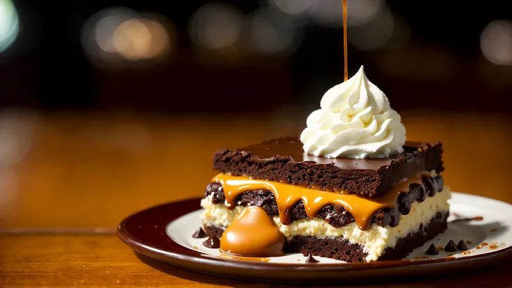 analog style, photorealistic, slice of bread topped with a black forest brownie, dripping chocolate sauce, and a caramel patty , a cold coffee with cream, on a table in a cafe, dimly lit, light particles, haze, halation, bloom, dramatic atmosphere, centred...