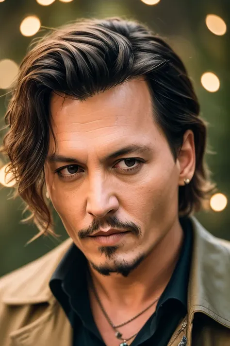 masterpiece, johnny depp walking through the jungle (night among fireflies), (high detail:1 1), rough face, natural skin, high q...