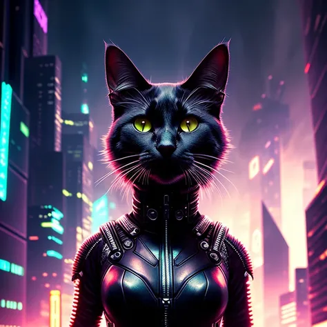 [cyberpunk,view from bottom, city smoked]. cat, highly detailed, sharp focus,dystopian,cinematic lighting, dark