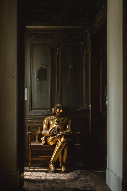 photo of [25 yo Anna:robot:10], [fine art | street], (highly detailed face), (private club, wood furniture), (sitting in the entryway), (dark and moody light:1.4), disappointed <lora:epiNoiseoffset_v2:1>