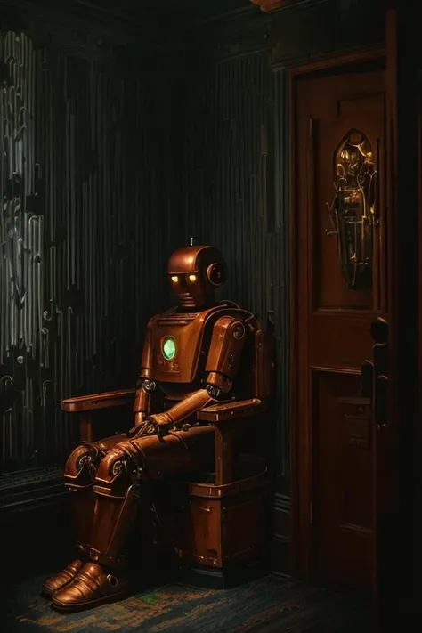 photo of [25 yo Anna:robot:10], [fine art | street], (highly detailed face), (private club, wood furniture), (sitting in the entryway), (dark and moody light:1.4), disappointed <lora:epiNoiseoffset_v2:1>