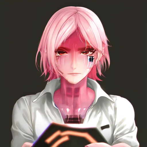 anime girl with pink hair holding a book in her hands