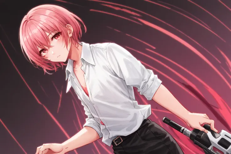 anime girl with pink hair holding a gun and a knife