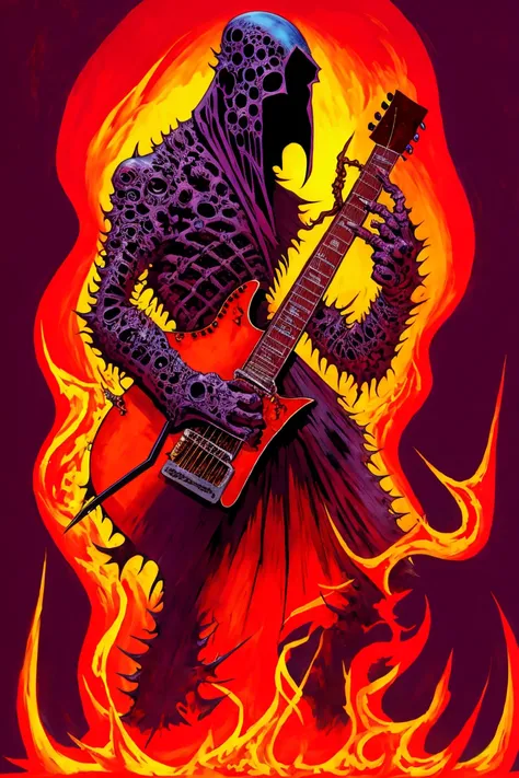 demon playing a guitar, guitar made by bones, hell, flames, ashes, evil look, bad ass, cruel, necrosis, goth, comic book, comic art, no face:2, dead body, <lora:xTTx:1>