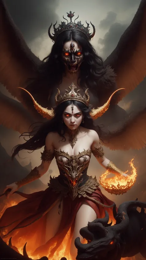 a demon princess floating above the hordes of hell, she commands the army with her mighty trumpet, she wears a crown covered in lava, her glowing red eyes are on fire, chromatic aberration, depth of field, soft lighting, masterpiece, best quality, intricat...