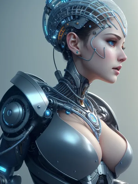 complex 3d render ultra detailed of a beautiful porcelain profile woman android face, cyborg, robotic parts, 150 mm, beautiful studio soft light, rim light, vibrant details, luxurious cyberpunk, lace, hyperrealistic, anatomical, facial muscles, cable elect...