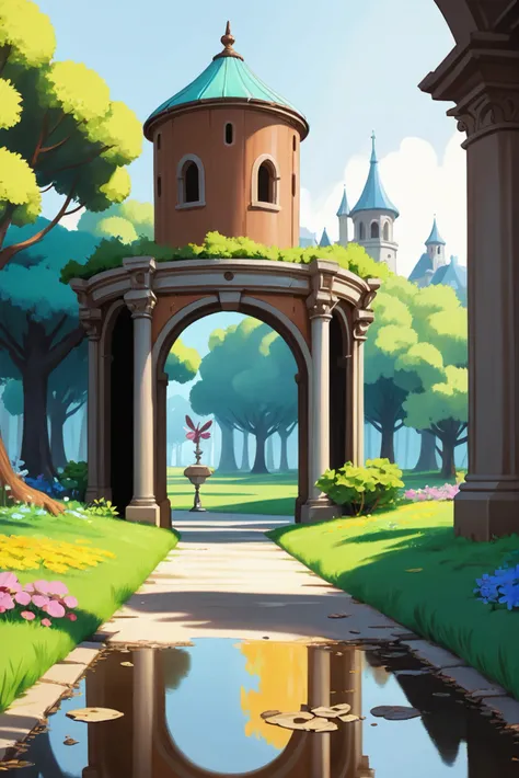 <lora:EnvyStarlightAnime14:1.25>soft anime digital painting, cheerful romanesque abandoned park in a whimsical,(dragonfly:0.6) fantasy arcology at the end of time, masterpiece