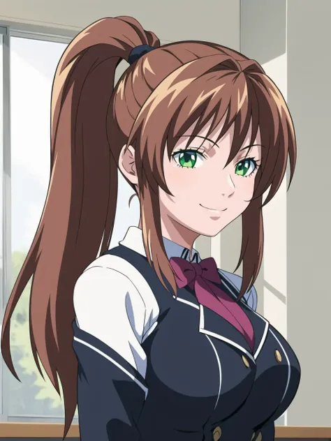 1girl, solo, school uniform, green_eyes, brown_hair, maroon bowtie, large_breasts, smile, indoors, ponytail, masterpiece, best q...