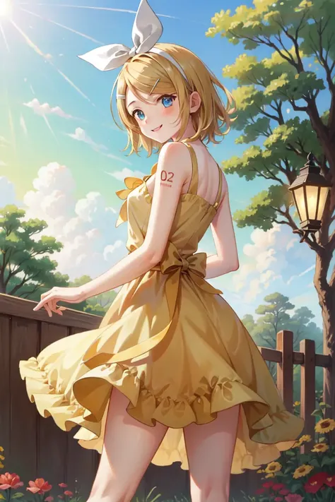 masterpiece, best quality, absurdres, perfect anatomy, 1girl, solo, kagamine rin, short hair, hair ribbon, arm tattoo, from behi...