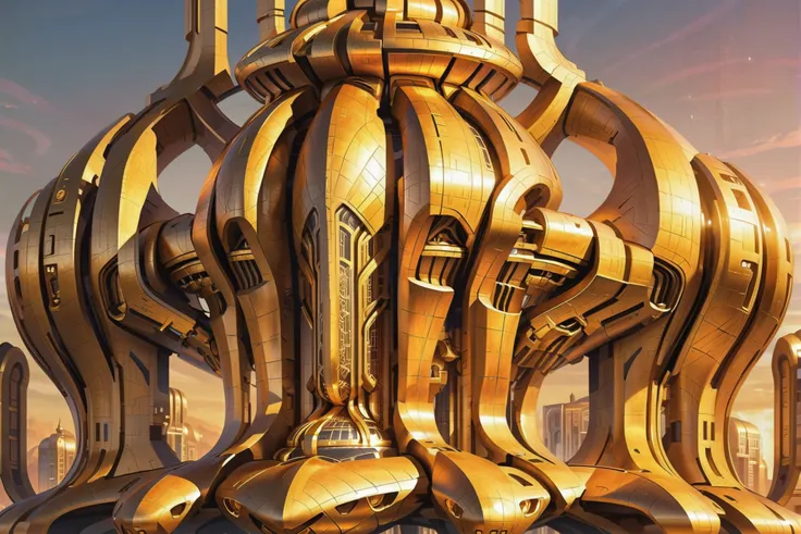 futuristic city with golden architecture and a golden tower