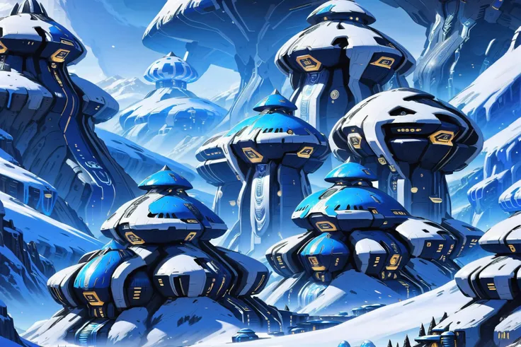 a close up of a bunch of futuristic buildings in the snow