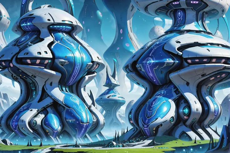 a close up of a futuristic building with a lot of blue and white