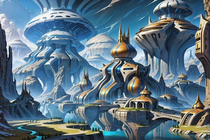 a close up of a futuristic city with a river in the middle