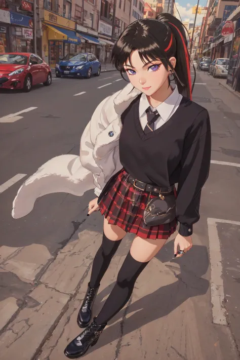 anime girl in school uniform standing on the side of the road