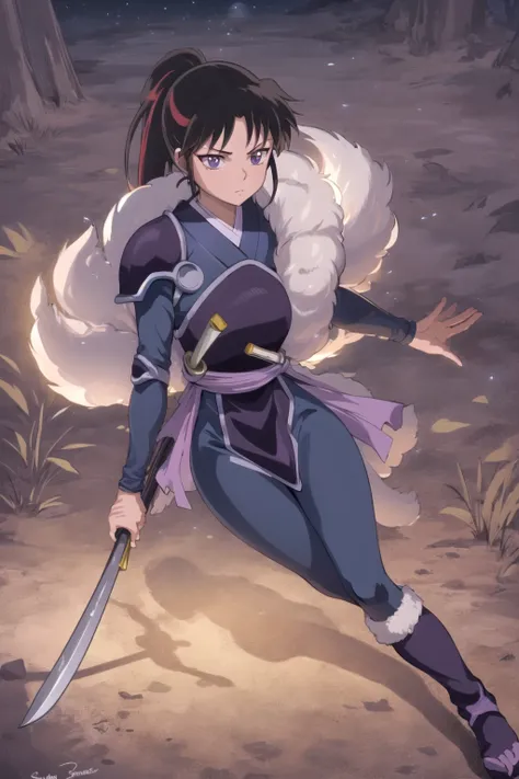 a woman in a purple outfit holding a sword in a forest