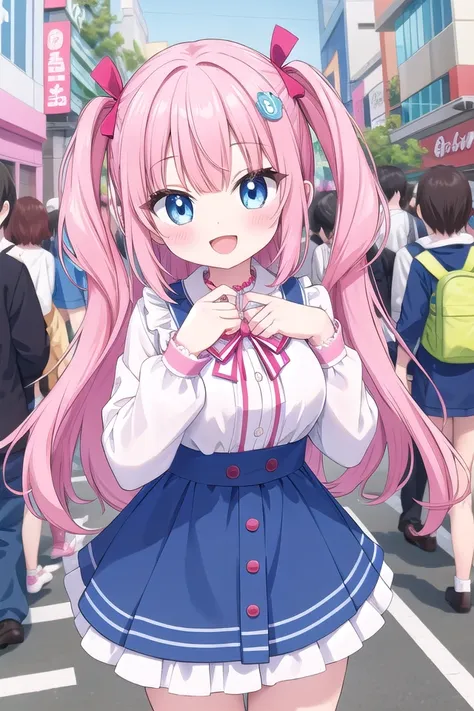 anime girl in a school uniform standing in a crowded street