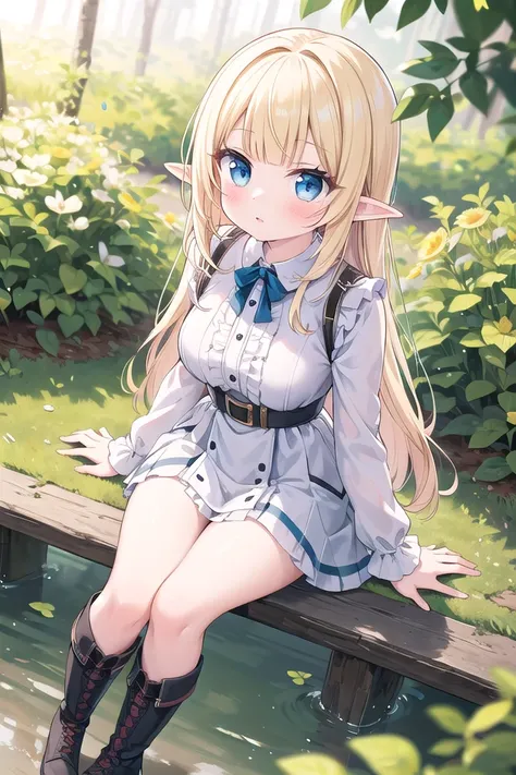 anime girl sitting on a bench in a park with a pond