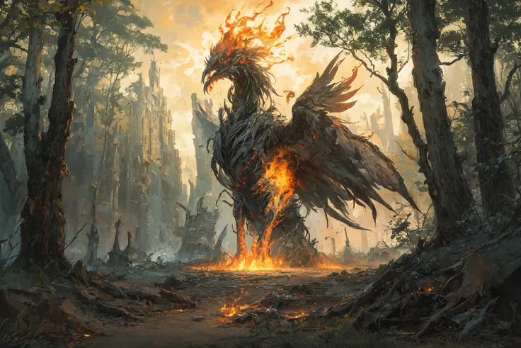 a painting of a large bird with fire coming out of it's wings