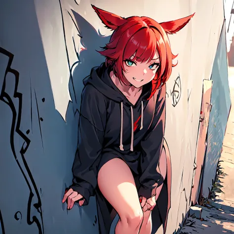 best quality, high resolution, distinct image, concept art, Original Characters, Natural Volumetric Lighting And Best Shadows, Deep Depth Of Field, Sharp Focus, Portrait Of Stunningly Beautiful Petite Girl, Soft Delicate Beautiful Attractive Face With Cute Teal Eyes, Sharp Eyeliner, Mischievous grin,  (Disheveled Red Hair:1.6), Thick Layered Short Modern Hairstyles, Blush Eyeshadow With Thick Eyelashes,  Loose long black hoodie, (Alley Street Graffiti Mural Background:1.15), (Highest Quality, Amazing Details:1.4), Masterpiece, Bloom, Picturesque, Brilliant Colorful Paintings, Whole Body, Black Skirt and Exposed Thighs, (Miqote Ears:1.3) <lora:last:1>