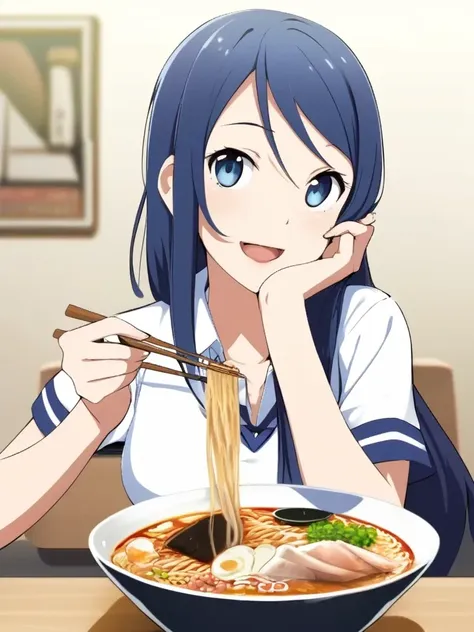 anime girl with blue hair eating ramen with chopsticks