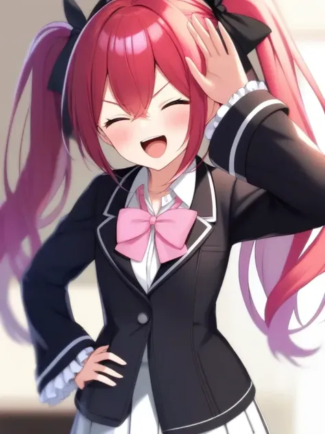 anime girl with pink hair and a black jacket and bow tie