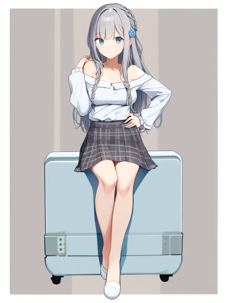 1girl, bag, bare shoulders, blue eyes, border, border, braid, breasts, dress, full body, grey hair, grey skirt, hair ornament, hand on own hip, hands up, long hair, long sleeves, looking at viewer, medium breasts, off shoulder, off-shoulder dress, plaid, p...