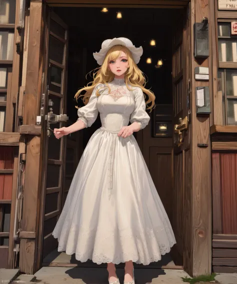 (30 year old woman:1.2) , (beautiful), ((fancy white old fashioned lace dress)), ((blonde, European, standing in front of wild west saloon swinging doors in year 1890)), ((highly detailed face and eyes)),