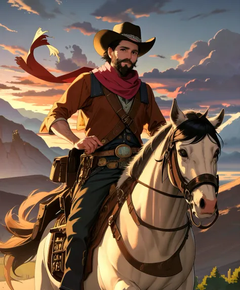 (30 year old man:1.4) , (scarf, bandana, short hair, beard, cowboy, running), ((riding horse in the wild west arizona)), ((highly detailed face and eyes)),