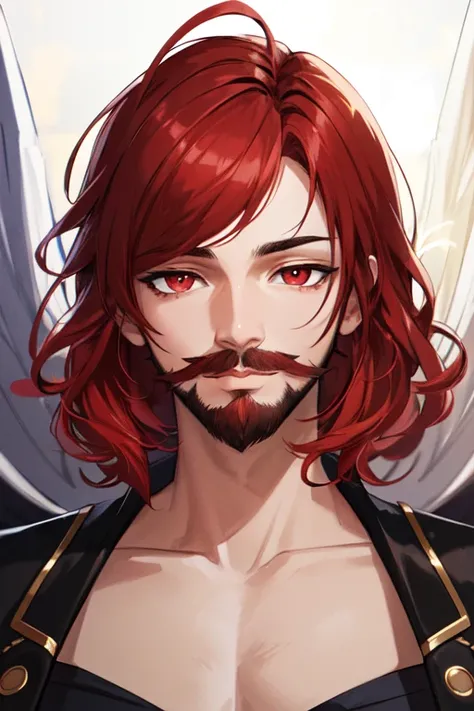 ,(masterpiece, best quality, ultra-detailed, highres, best illustration),perfect face, ((solo, solo focus)),sidelighting, lustrous skin,(bloom), (shine), ray tracing, fantasy semi ealism, anime,1boy, solo, male focus, facial hair,red eyes , looking at view...