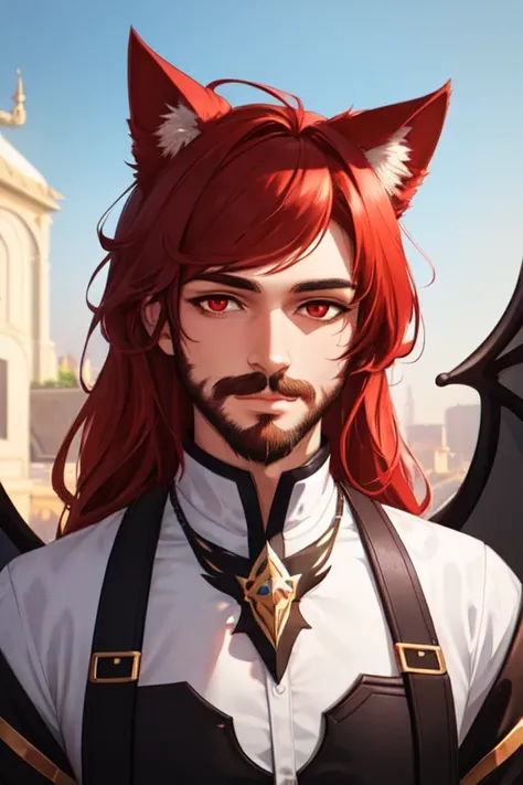 ,(masterpiece, best quality, ultra-detailed, highres, best illustration),perfect face, ((solo, solo focus)),sidelighting, lustrous skin,(bloom), (shine), ray tracing,solo,solo,animal ears, 1boy, solo, male focus, facial hair,red eyes , looking at viewer, b...