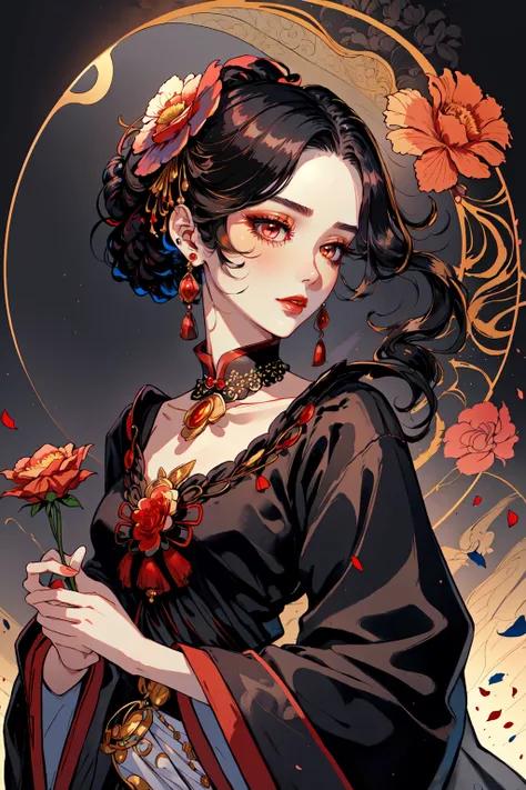 Paint_Style, 1girl, solo, looking at viewer, black hair, hair ornament, long sleeves, dress, holding, brown eyes, jewelry, upper body, flower, earrings, hair flower, wide sleeves, necklace, petals, makeup, rose, chinese clothes, lipstick, black background,...