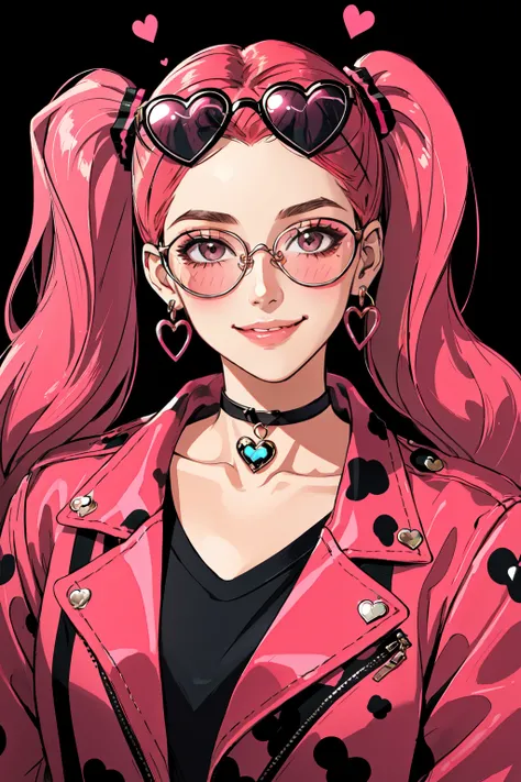 masterpiece, best quality, choker, Kitch, Transgender Female, heart, glasses, earrings, looking at viewer, jacket, :3, jewelry, upper body, heart-shaped eyewear, eyewear on head, shirt, portrait, animal print, smile, twintails, black background, red jacket...