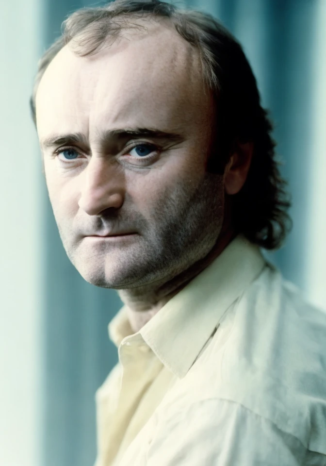 phil collins, (sharp focus:1.2), portrait of a man 1980s, (handsome:1.1), detailed facial features, wearing (casual clothing:1.2...