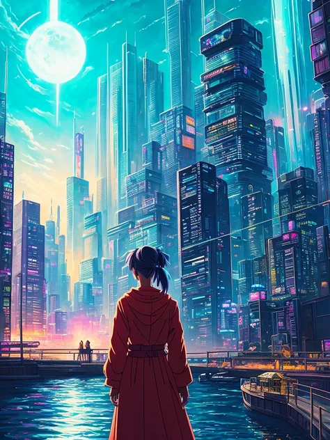 award winning cyberpunk studio ghibli movie poster styled painting, of a woman with a photorealistic face, gazing upon a citysca...