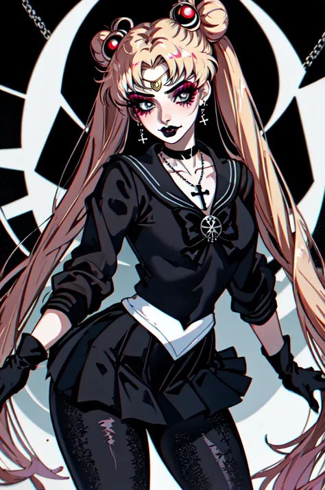 sailor girl with long hair and a black outfit with red eyes