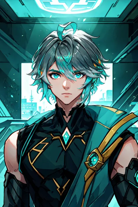 masterpiece, best quality, alhaitham(genshin impact), boy, ,solo, grey hair, gloves, bangs, upper body, looking at viewer,aqua eyes, symmetrical eyes, ahoge, short hair,hair between eyes, multicolored hair, swept bangs, elbow gloves, white t-shirt, parted ...