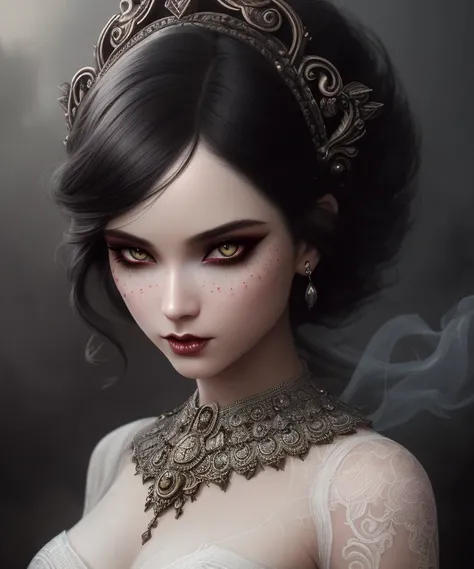 seductive demon girl, fog, fantasy, ultra wide shot, photorealistic, eyes, (pixarstyle:1.2), Tom Bagshaw, pupils, hypermaximalised, face, detailed skin, ornate dress, beautiful, good anatomy, detailed and intricate, centered, skin pores, subsurface ...