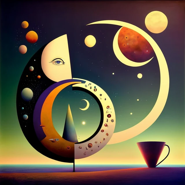 (colorfulsurrealismai)++, coffee time, sun and moon and stars in background