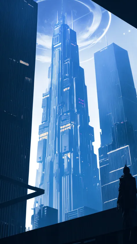 scenery, a large and ominous skyscraper towers over a cyberpunk cityscape that stretches out beyond the horizon, night sky, full...