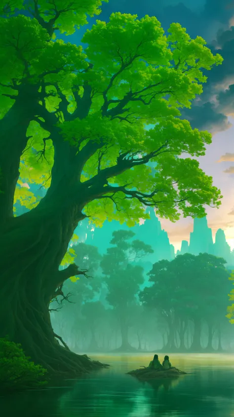 scenery, conceptart, a giant tree next to a river of green water, sunset, masterpiece, best quality, intricate detail, absurdres...