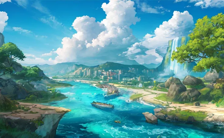 conceptart, no humans, scenery, water, sky, day, tree, cloud, waterfall, outdoors, building, nature, river, blue sky