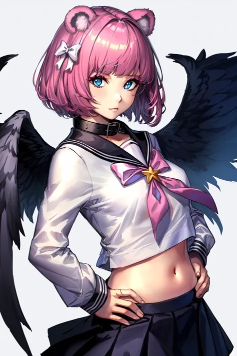 1girl, (hands on hip), solo, pink hair, animal ears, blue eyes, wings, looking at viewer, bangs, short hair, bow, sailor collar,...