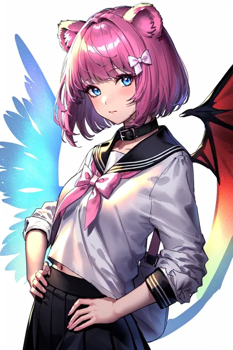 1girl, (hands on hip), solo, pink hair, animal ears, blue eyes, wings, looking at viewer, bangs, short hair, bow, sailor collar,...