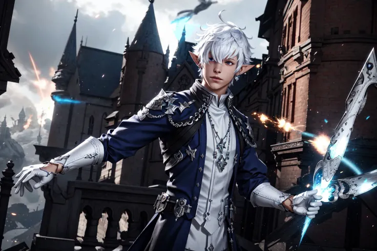 Alphinaud, looking at viewer,  gloves, jewelry, upper body, floating weapon,  floating object, magic, glowing, white gloves, hair over one eye,motion blur, explosions, fantasy background, fight scene, video game, octane render, specular highlights, detaile...