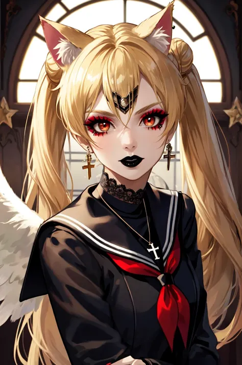 anime girl with long blonde hair and red eyes in a black dress