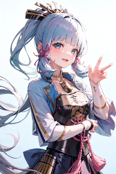 masterpiece, highres, best quality, 1girl solo, kamisato_ayaka, white background, upper body, smiling, peace sign <lora:kamisatoAyakaGenshin_kamisatoAyaka:1.2>