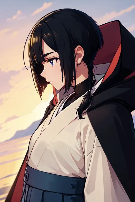 anime girl with black hair and red cape standing in front of a sunset