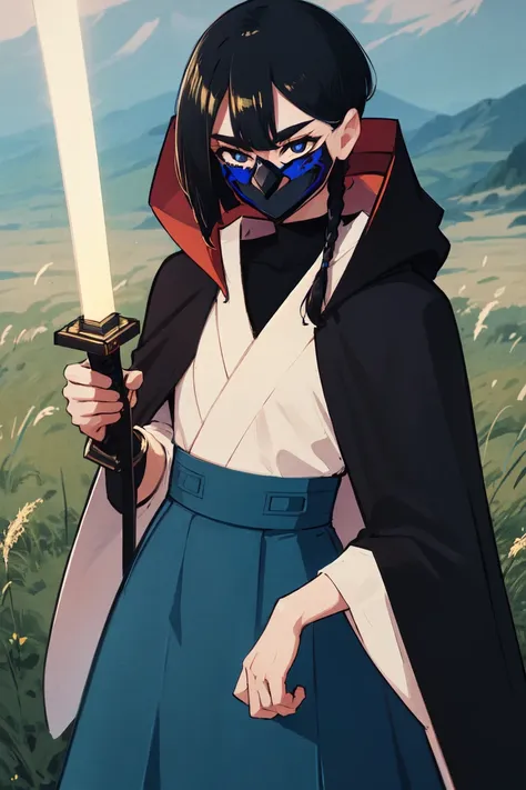 a woman in a blue skirt holding a sword in a field